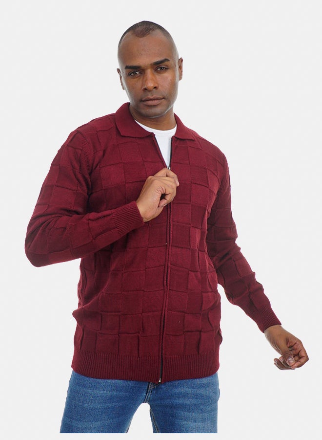 FIRE WOOD FireWood Zipper Knit Cardigan Long Sleeve Soft Knit Fabric For Men- Wine Red - Image 2